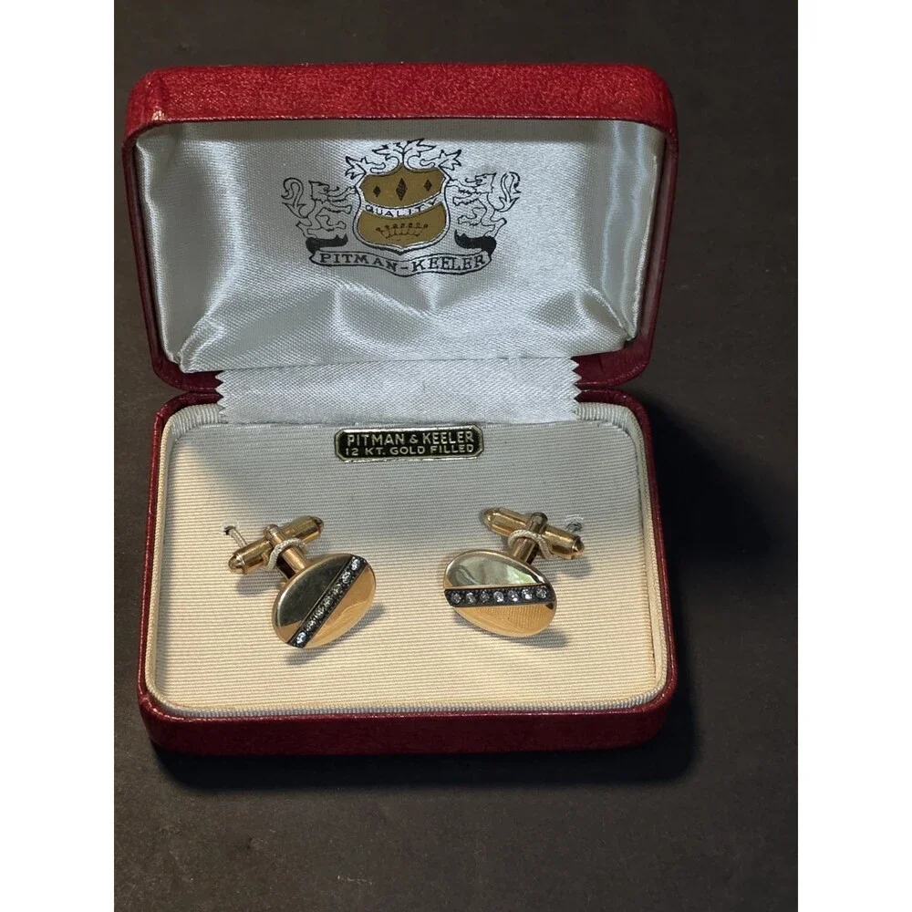 Vintage Pitman & Keeler 12K Gold Filled Rhinestone Cufflinks Set In Original Box